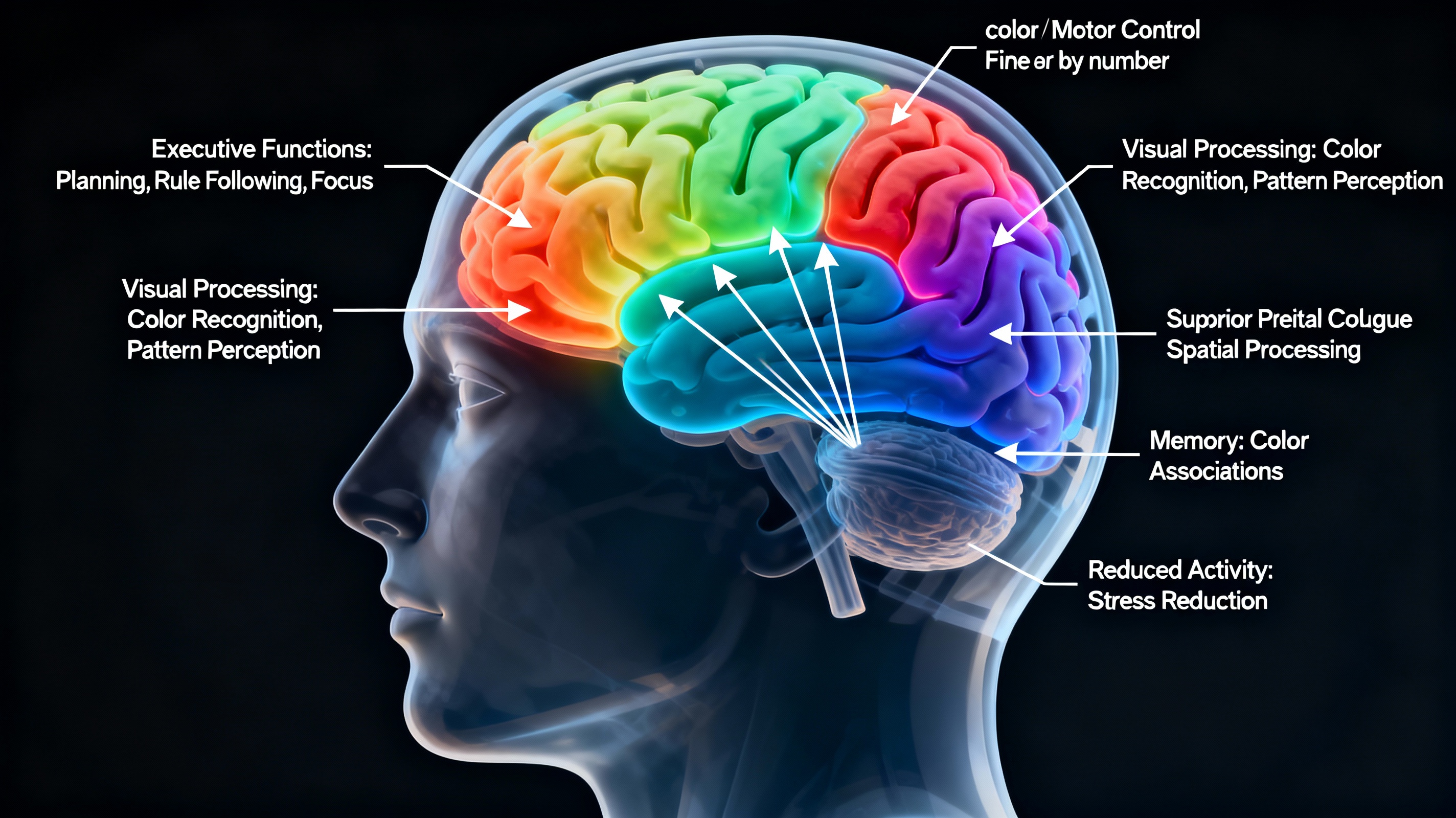 Brain imaging showing neural activation during color by number activities