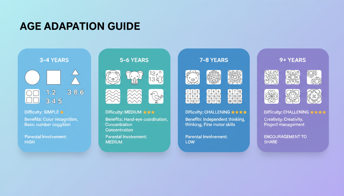 Age-appropriate color by number complexity guide showing developmental progression