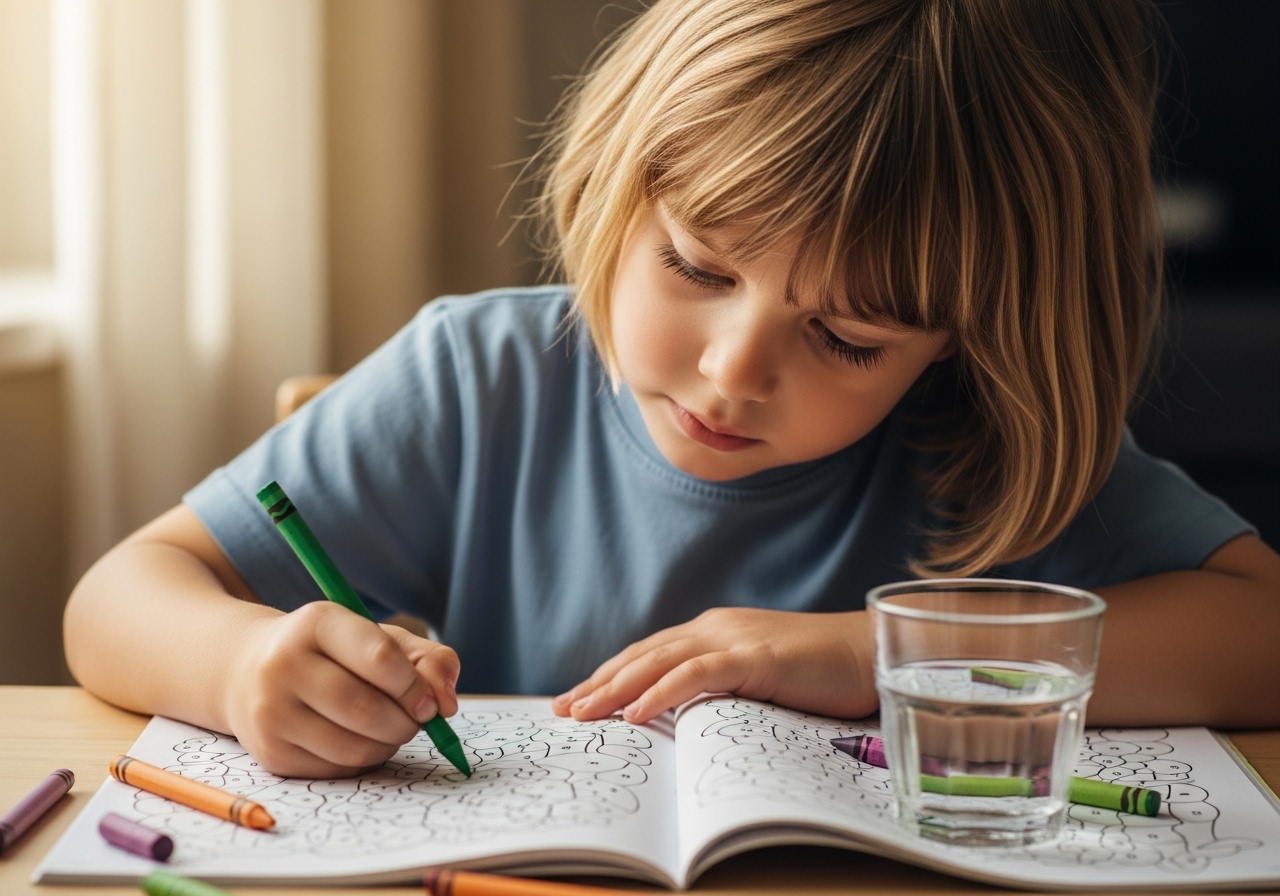 Child engaged in color by number activity showing focus and concentration