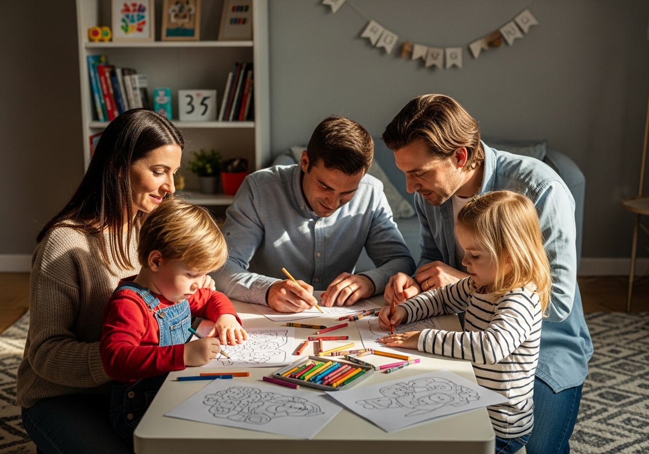 Family enjoying color by number activities together at home