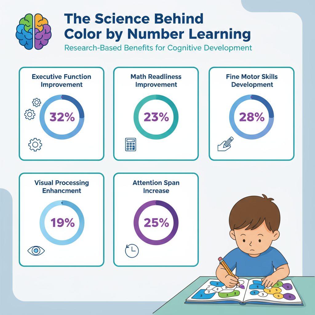 Educational research infographic showing color by number cognitive development benefits